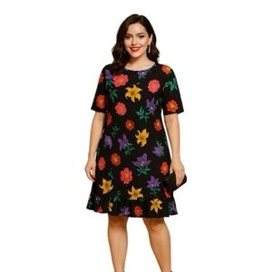 Vintage Liz Claiborne Black Floral Ruffle Hem Dress Short‎ Sleeve Size 12